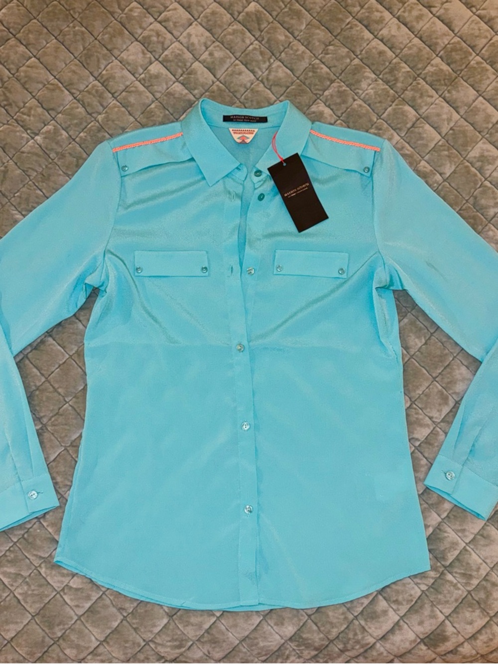 Maison Scotch by Scotch & Soda- Aqua Button-Down Shirt with Orange Shoulder Trim